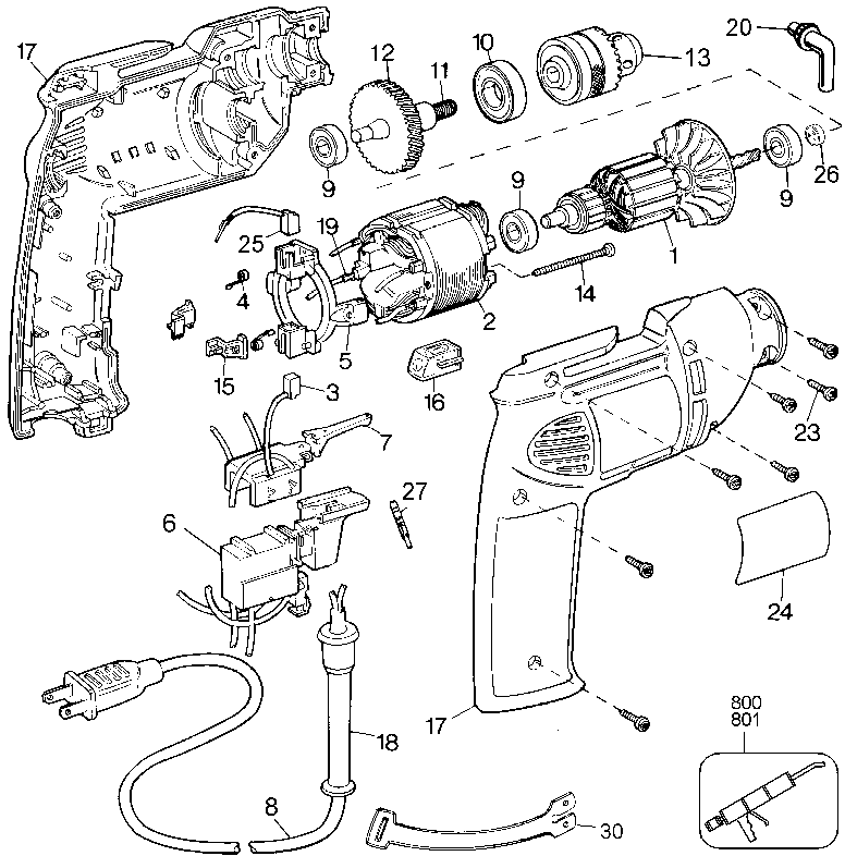 Default Diagram and Parts List for 1166-220 Type 101 Black and Decker Boring Machine